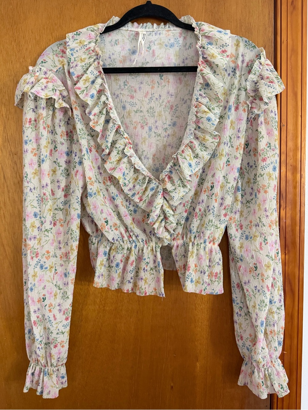 Anthropologie Cream Floral Ruffle Wrap Blouse